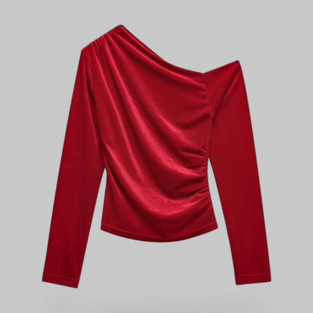 Klyber | Women's Draped Velvet Blouse Shirt with Asymmetric Neckline